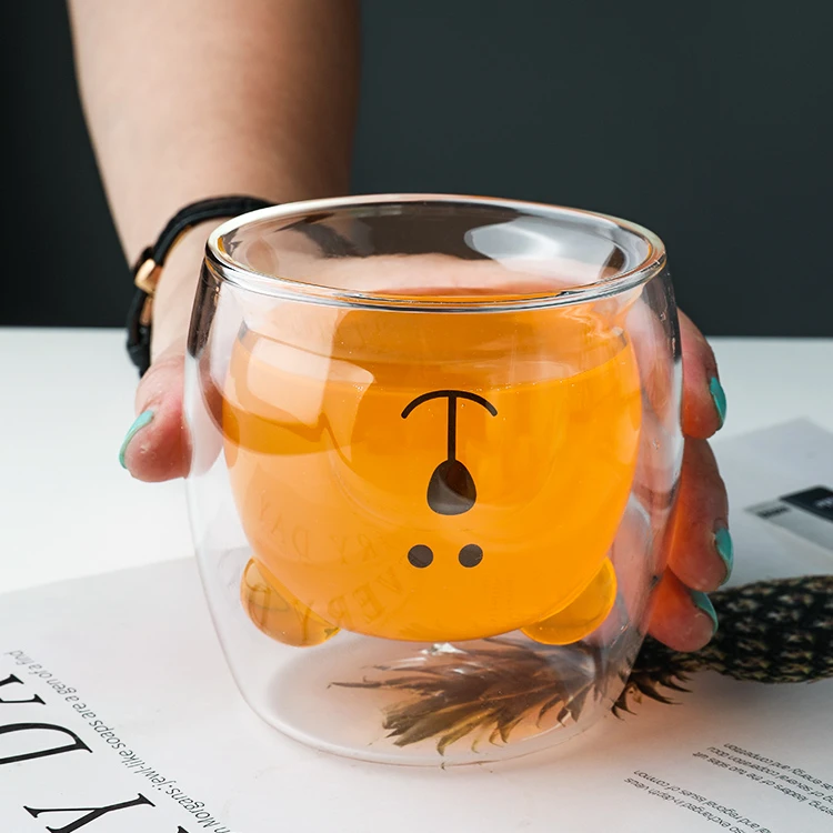 
Transparent glass coffee kitten bear double cup heat insulation high borosilicate 