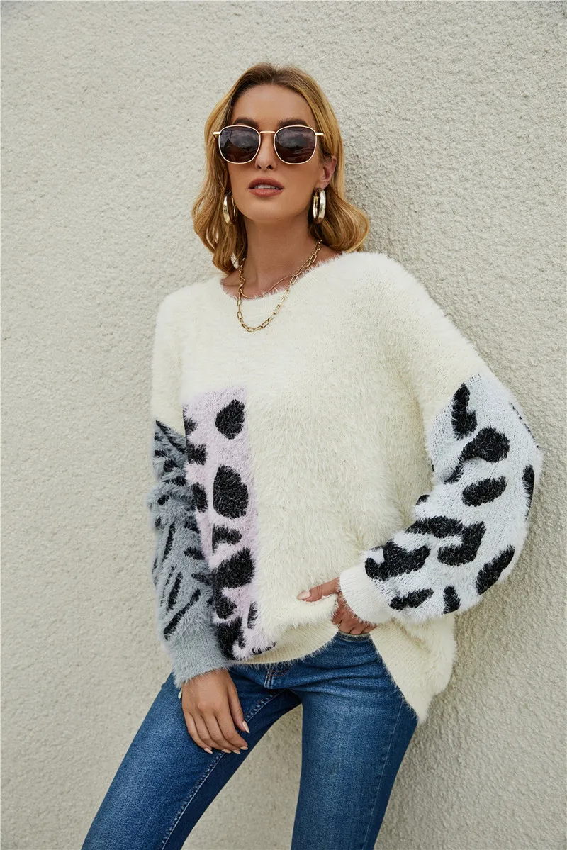 Winter Women Leopard Zebra Patchwork Soft Knitted Pullover Sweater