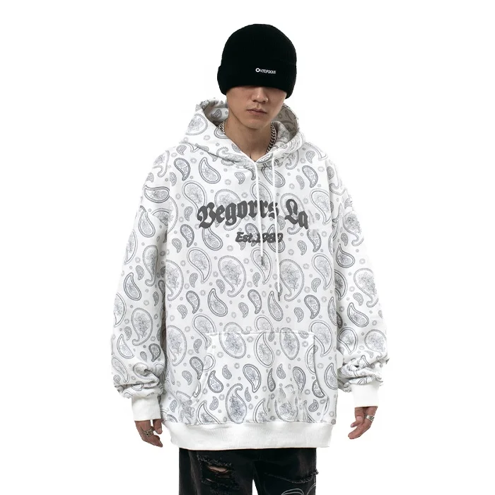 Finch Garment OEM wholesale full print hoodie men custom 3d puff logo printed paisley cotton hoodie