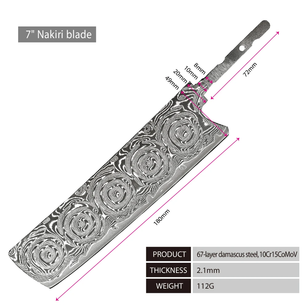 Big Rose Pattern custom handmade high quality 67 layers damascus steel blank blade knives full tang fixed blade kitchen knife
