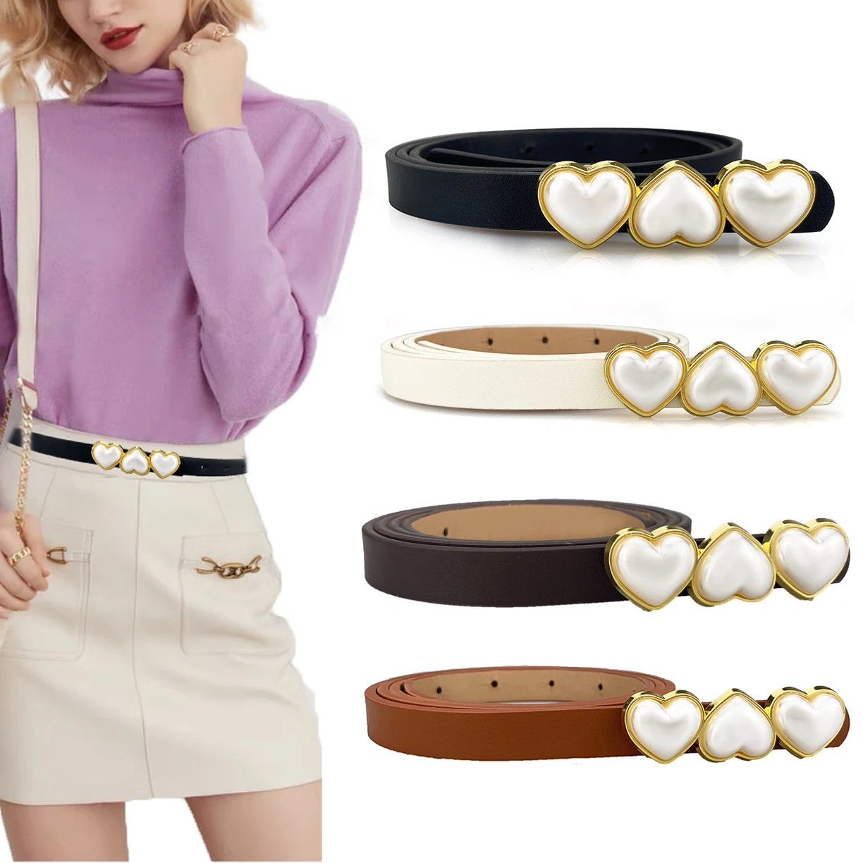 Wholesale Female Skinny PU Leather Pearl Heart Rhinestone Decorated Thin Belt For Dress Woman Waist Belt Fashion Designer Belt