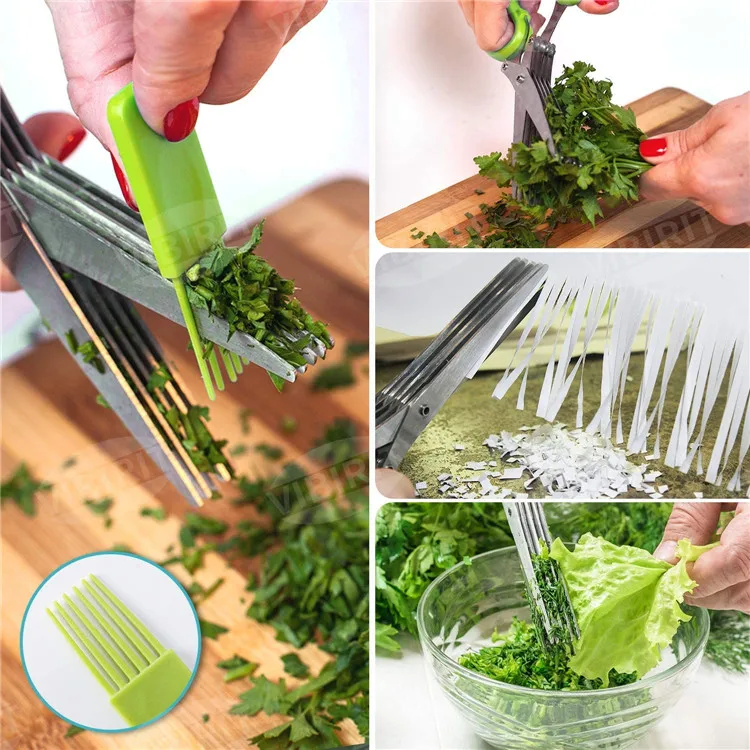  Multi-Function Home Kitchen Stainless Steel 5 Blade Scissors with Brush Silicone Food Bag Set Shears Vegetable