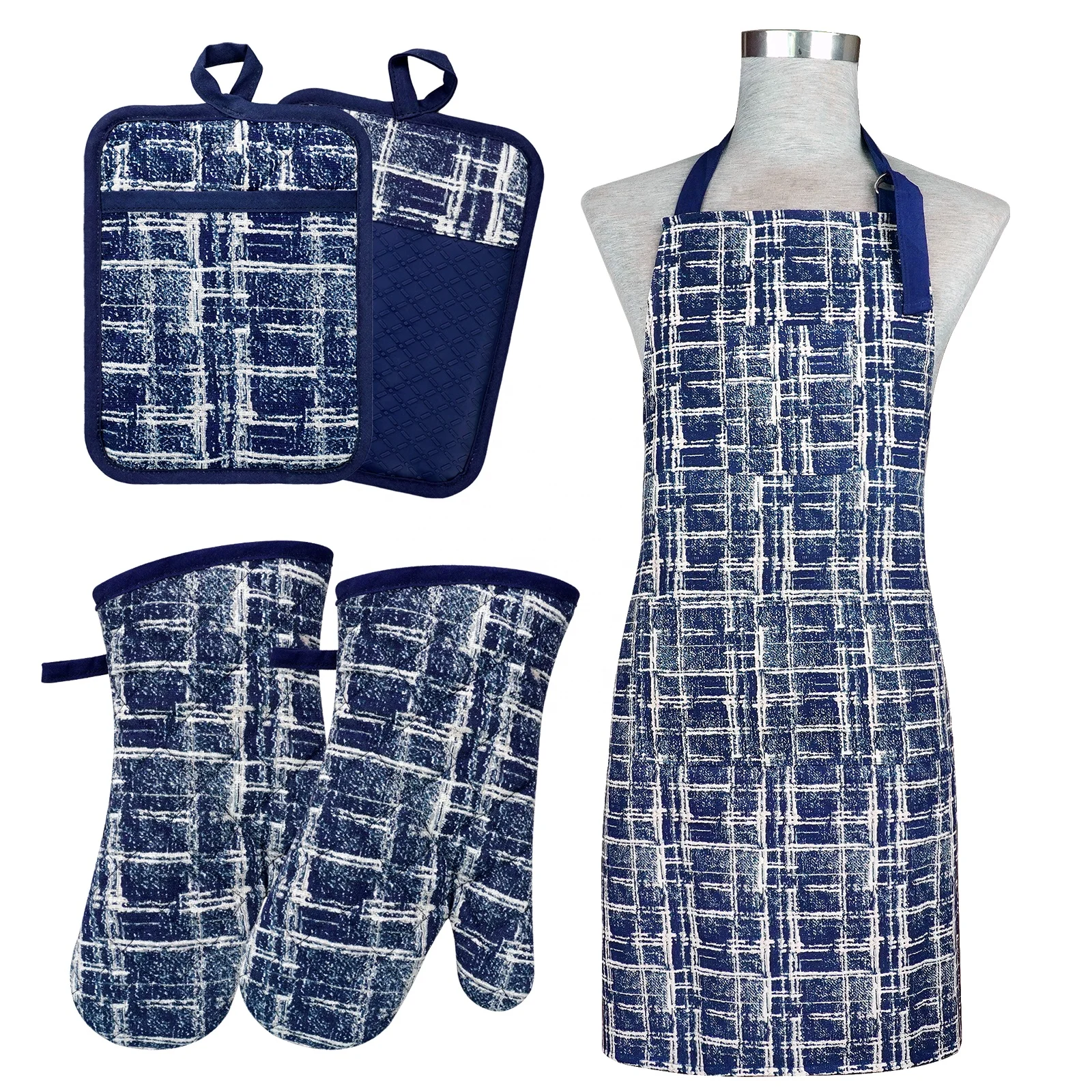 5 piece set Geometric  pattern  waterproof cotton apron cotton Anti scalding oven gloves silicone Checkered  pot holder set
