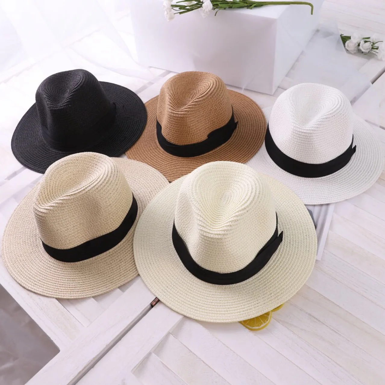 Summer Hats For Women Sun Hat Leather Gold Chain Belt Flower Floppy Beach Wide Brim Straw Panama Hat Female Cap