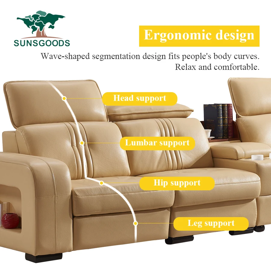 Wholesale Modern Designs Canape Cuire Large Size Brown Couch Living Room Corner Electric Recliner l Shape Genuine Leather Sofa