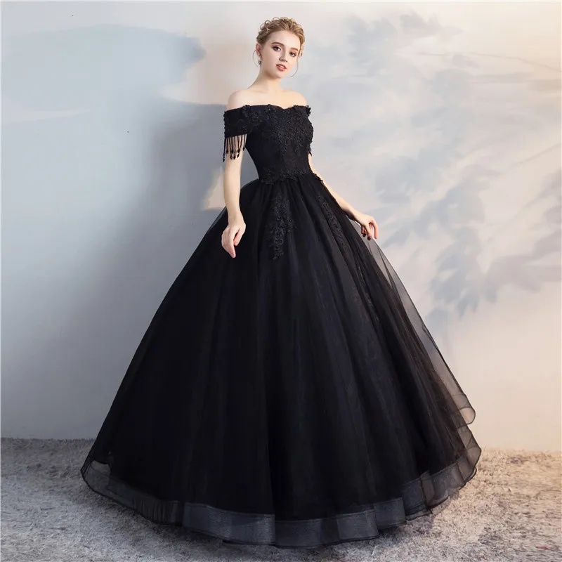 New Hot Sale Bridal Lace Fringe Wedding Prom Party Gorgeous Black Dress Ball Gown