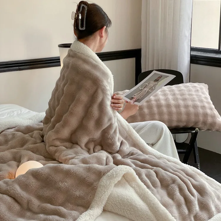 Double thick warm bubble rabbit fleece blanket