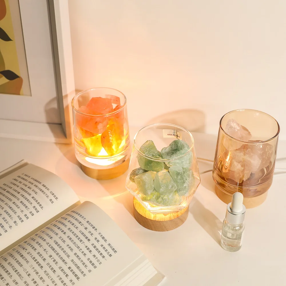Maxery Fresh Forest Crystal Atmosphere Light Diffuser Green, Rose Clear Quartz Essential Oil Aromatherapy Calming Ambience Light