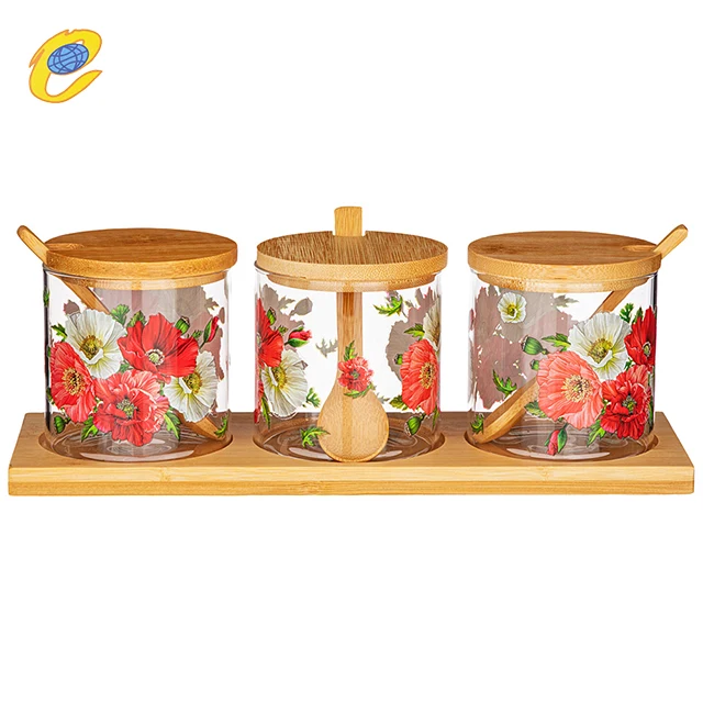 Hot Resistance Borosilicate Glass Jar Set With Wood Tray Holder Small Glass Storage Containers With Bamboo Lids For Kitchen