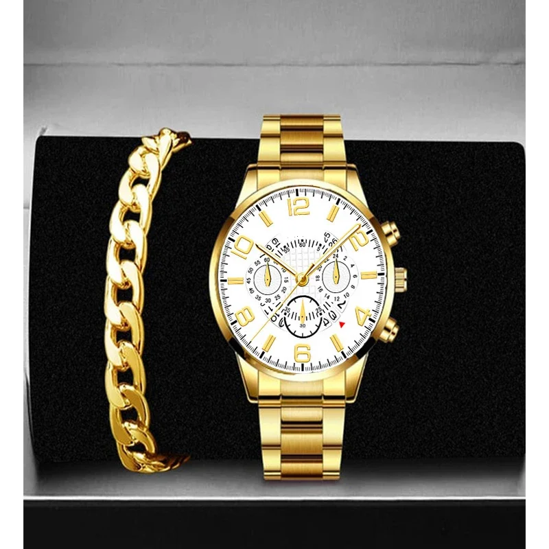 Business Trend Fashion Round Large dial Three eyes Calendar Quartz Watch + Bracelet (2pcs/set)