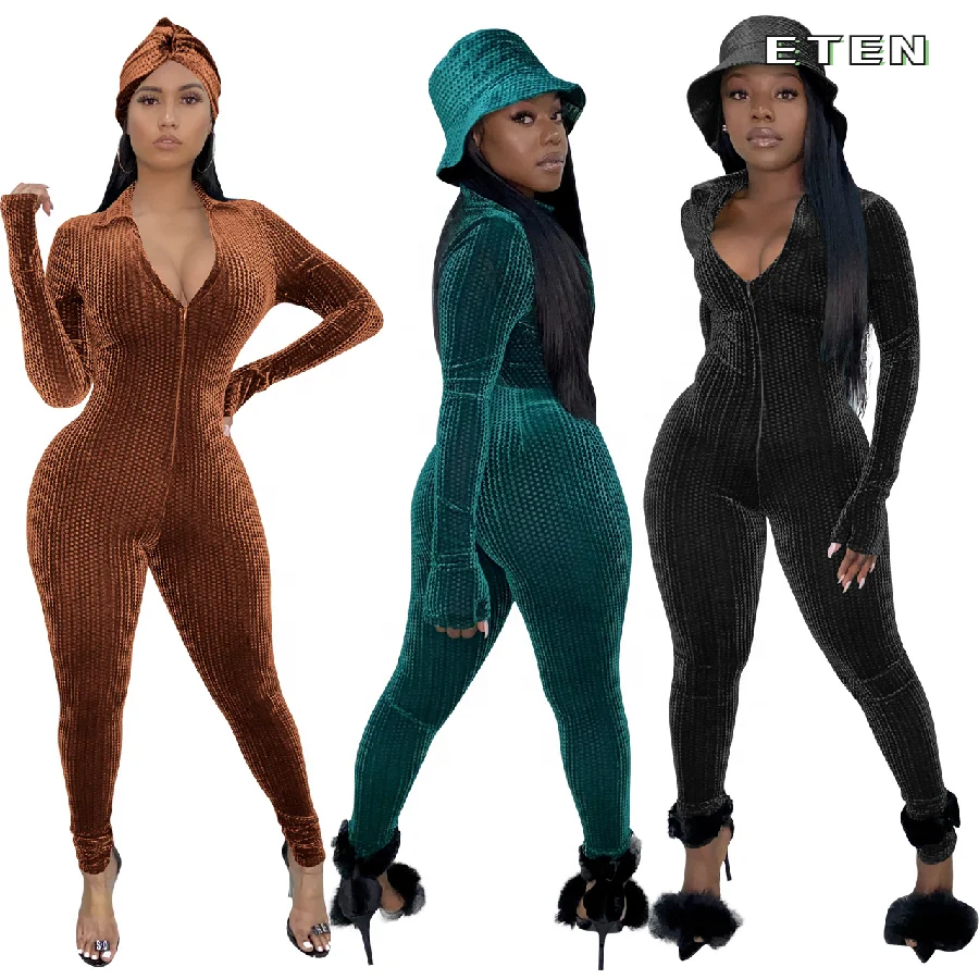 Amazon sexy bodycon fall solid plus size clothes velvet one piece jumpsuit velour tracksuit for women