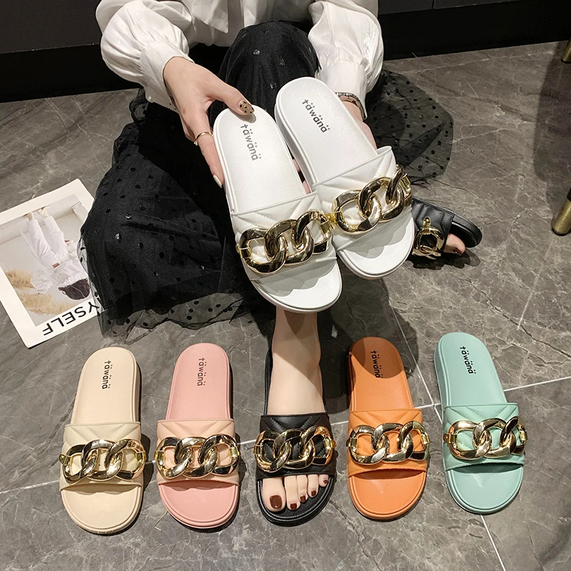 Z New Shoppe hot sell  multi color women slippers summer fashion trendy gold 3 rings chain sandals Beach shoes One-word slippers