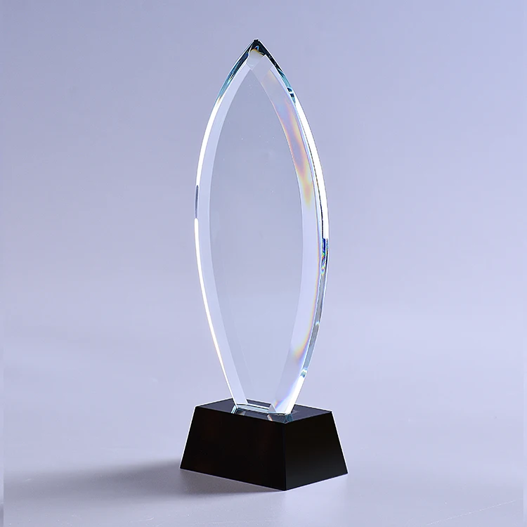 High Quality K9 Blank Block Glass Leaf Shape Oval Crystal Award Trophy With Black Base