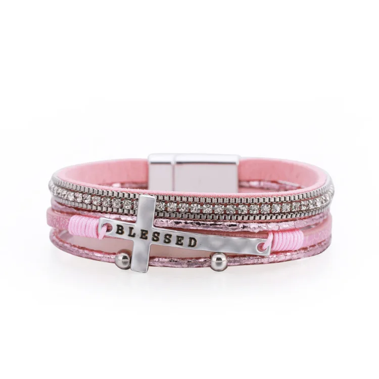 2021 New Sparking Rhinestone Crystal Cross Leather Bracelet High Quality Metal Blessed Letter For Men