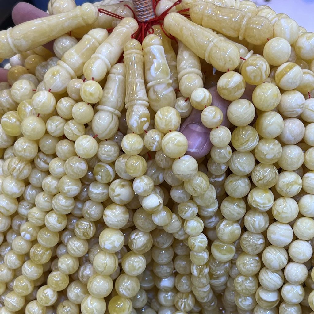 Natural Amber Jewelry Russian Amber High Quality Tiger Skin Pattern White Amber 10-14mm Complete Muslim prayer beads with Imam