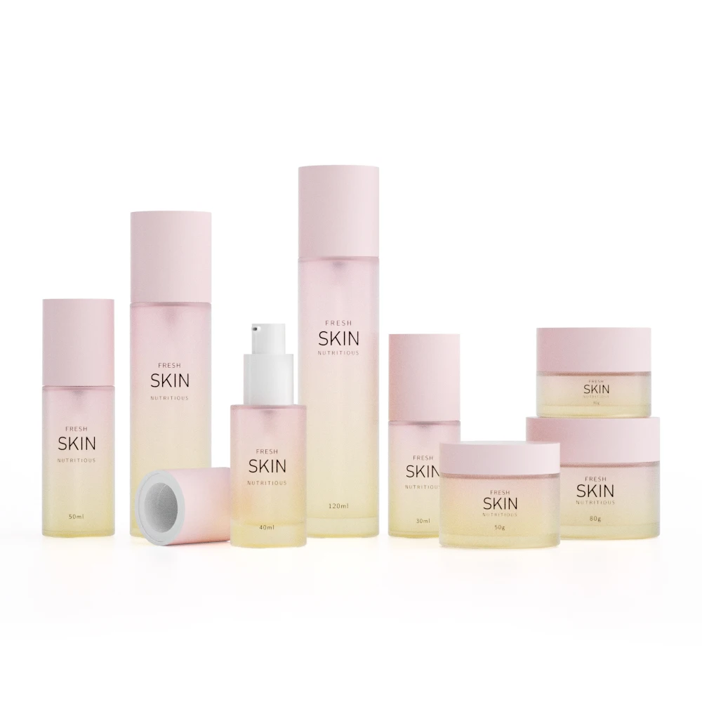 Popular style skin care luxury cosmetic lotion bottle and cream jar set  gradient bule glass cosmetic containers