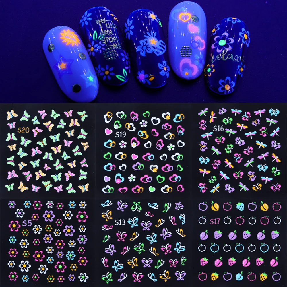 24Pcs New Glow In The Dark Butterfly Petals Set Stylish Party Nail Applique Charm With Durable Light Fluorescent Nail Sticker