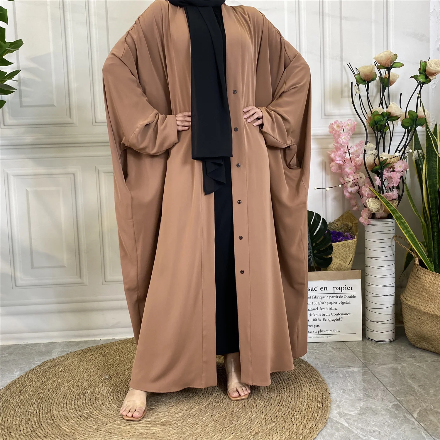 1923# New Solid Colors Butterfly Kaftan With Pockets and Button Islamic Clothing Muslim Women Abaya Dresses