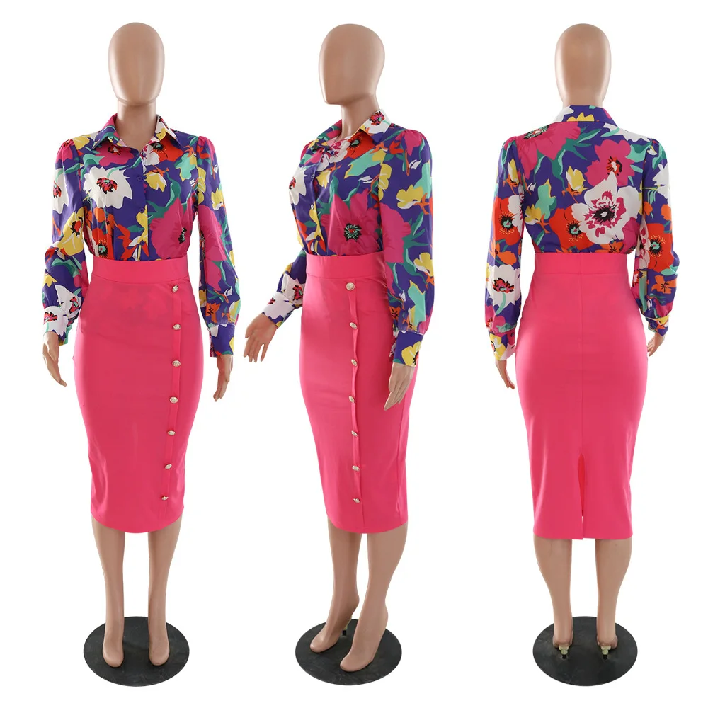 New Floral Printed Long Sleeved Shirt Paired Fitting Hip Wrap Skirt Two-Piece Set Long Sleeve Shirt And Skirt Set For Women