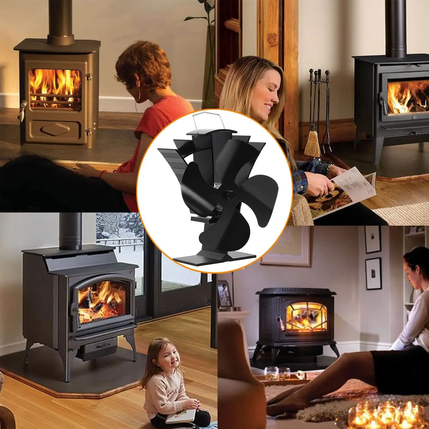 VODA Fireplace Fan Wood Stove Fan Heat Powered 4 Blade High Airflow Stove Fan For Wood Stove