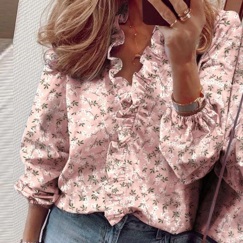 S-5XL Spring Summer Elegant Women Pullover V-neck Shirts Fashion New Ruffles Long Sleeve Tops Office Lady Vintage Blouse Shirt