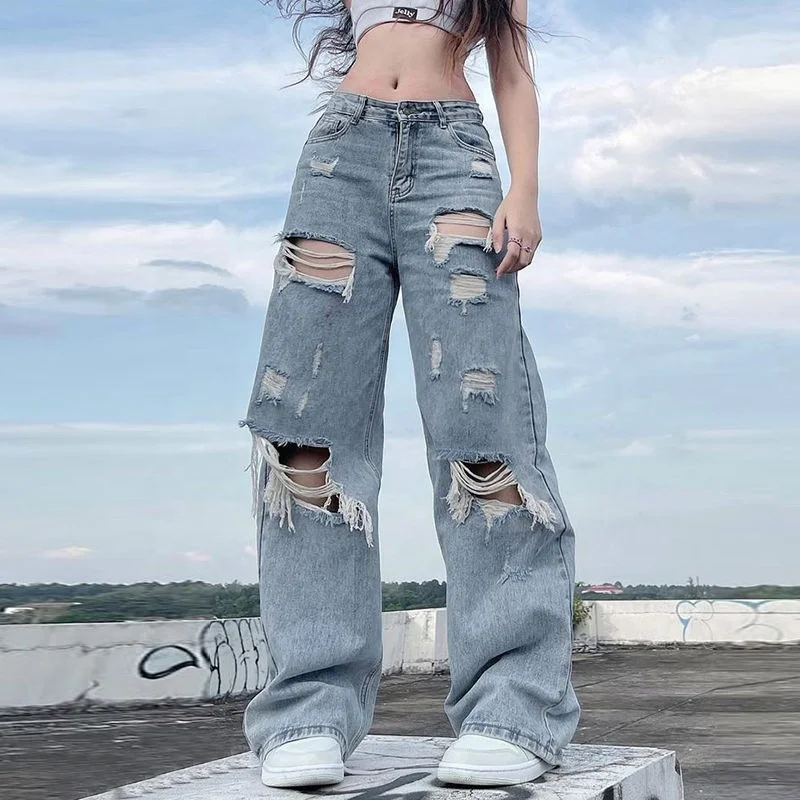 Custom Streetwear Straight Ripped Distressed Jeans High Waist Loose Wide Leg Women Jeans Y2K Cargo Jeans