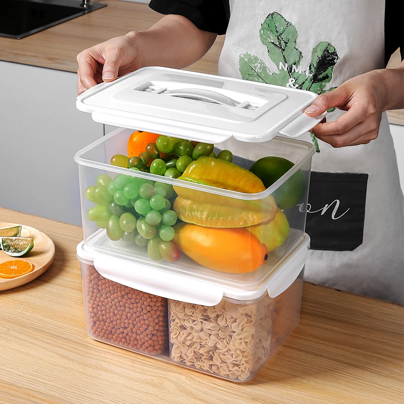 Multifunctional 4 Compartment Dry Food Container Rectangle-shaped Bagasse Storage Box Plastic Seal Fresh-keeping Grain Box