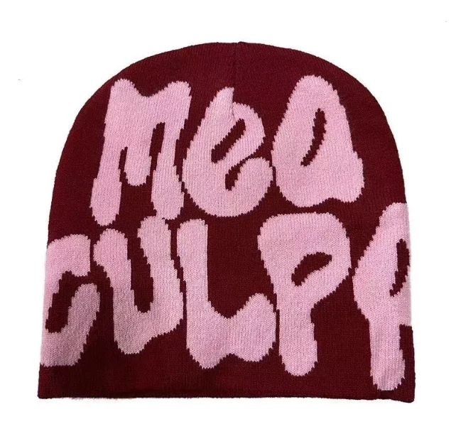Custom Benni Acrylic All Over Print Reversible Gorros Bennie Hat Custom Logo Mea Culpa Winter Knitted Beanies Hat Custom Logo