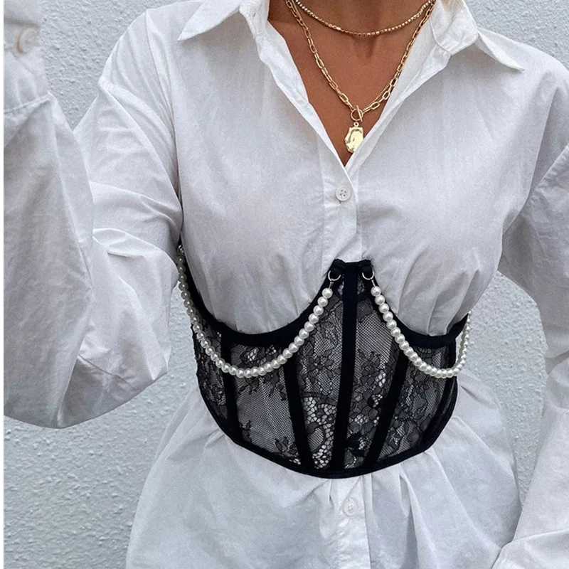 INS Tiktok HOT Lace Support Bust And Waistband Women Commuter Slimming Strappy Girdle with Pearl Chain