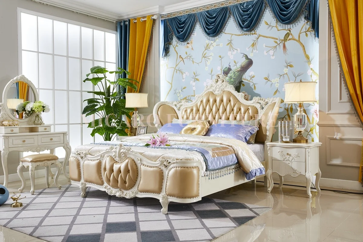 white color French classic design wooden carved leather bed