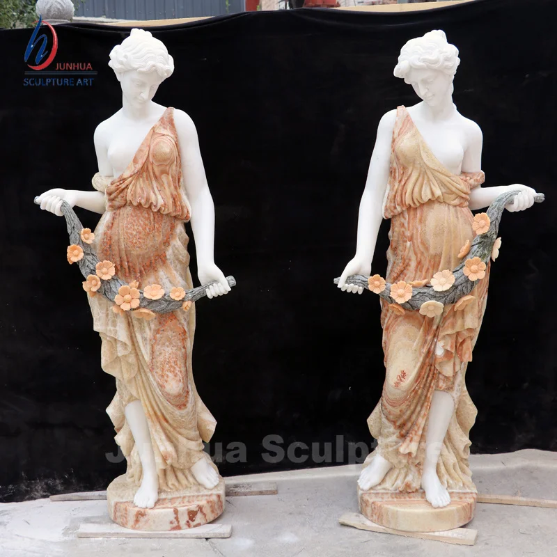 Natural Stone Female Statue Occidental Lady Girl Marble Sculpture With Flower Basket