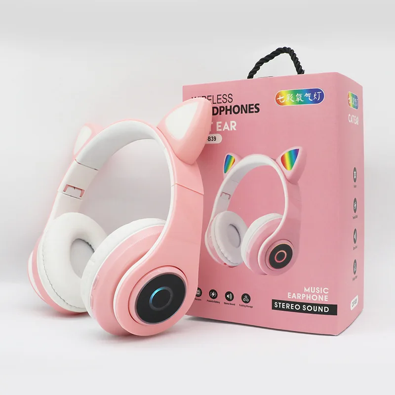 B39 Wireless headphones children MP3 player with LED colorful breathing lights cat ears with microphone headset
