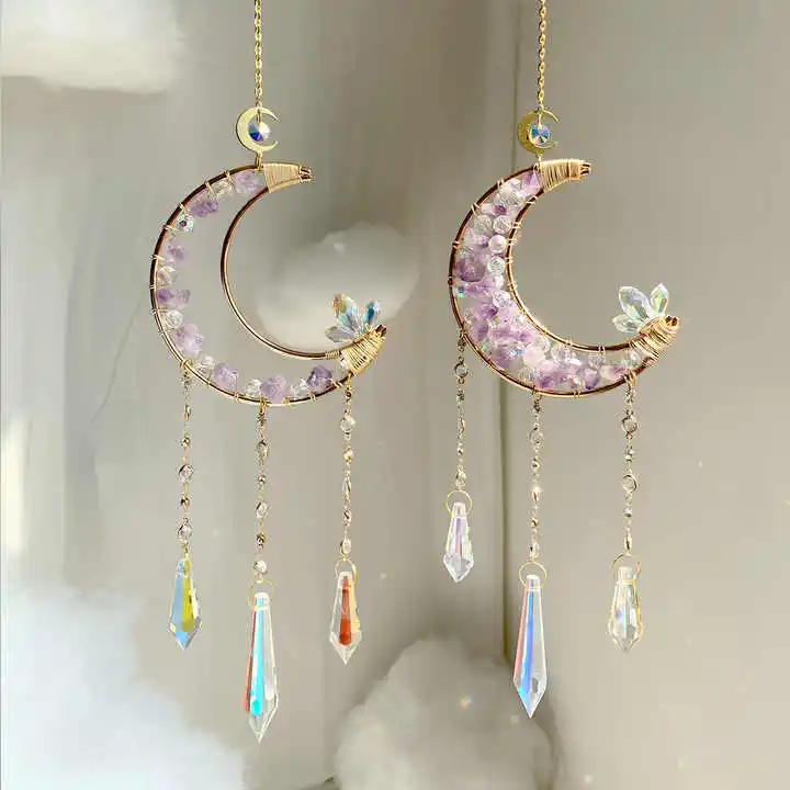 High quality natural crystal sun catcher moon sun catchers amethyst moon suncatche wind chimes