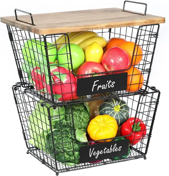 Factory Price 2 Set Stackable Wire Basket with Bamboo Top Fruit Basket for Kitchen Metal Wire vegetable  Baskets