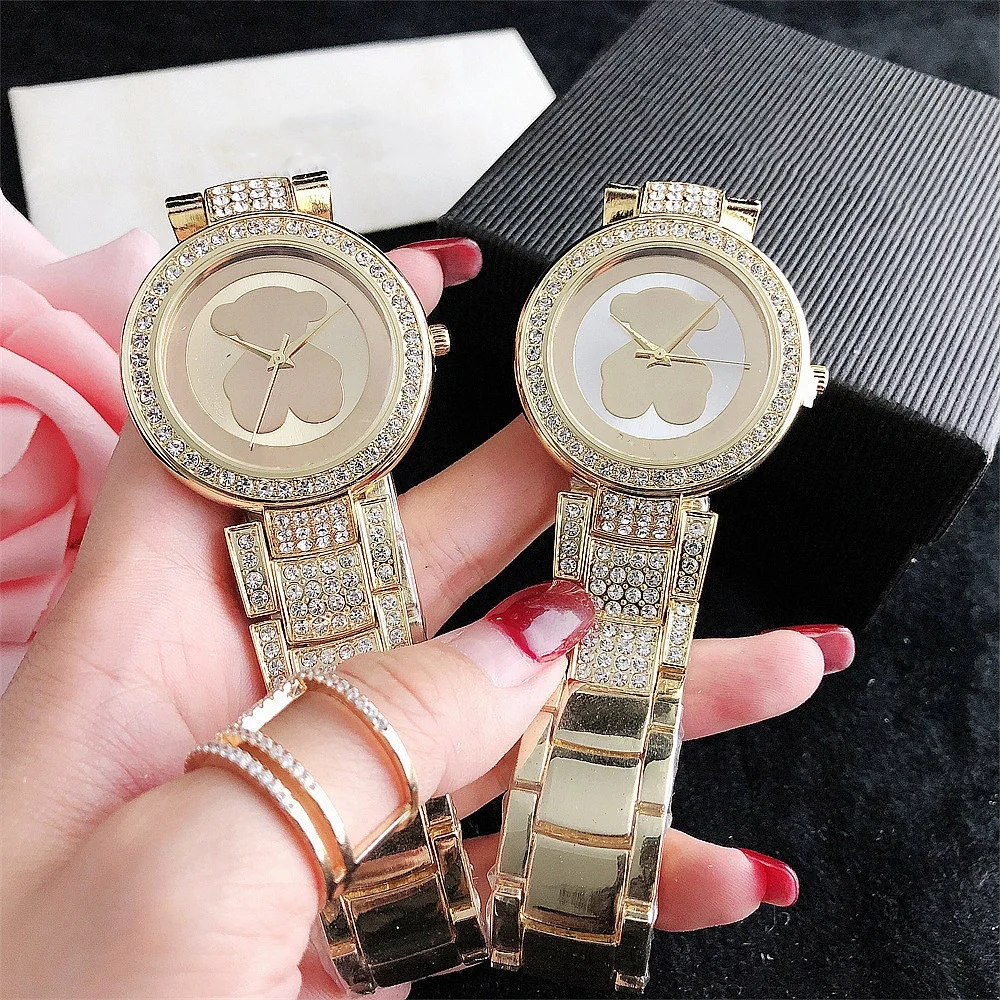 Быстрая доставка, модные роскошные брендовые дизайнерские серебряные золотые наручные часы с медведем со стразами, женские кварцевые часы для женщин