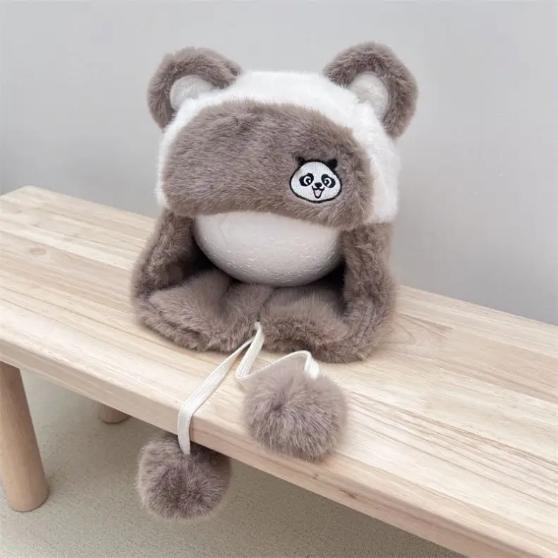 Panda Children Lei Feng Cap Ins Western Cute Mink Fur Earmuffs Hat Boys Girls Soft Glutinous Warm Pullover Cap