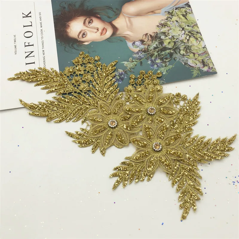 Wholesale Gold Thread Applique for Dance Costumes Lyrical bridal lace applique