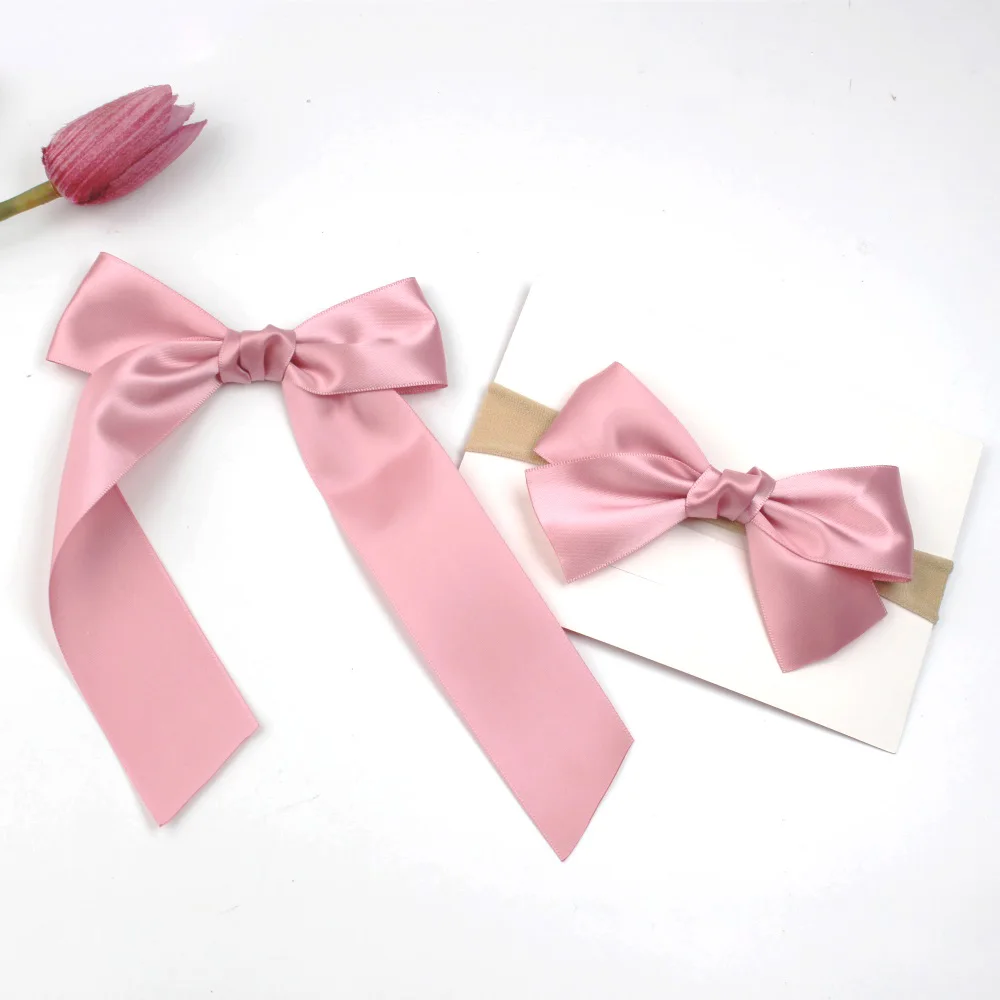 Satin Long Tail Hair Bow. Baby Girl Satin bows  Adult Long Tail Hair accessories Momma clip mommy and me