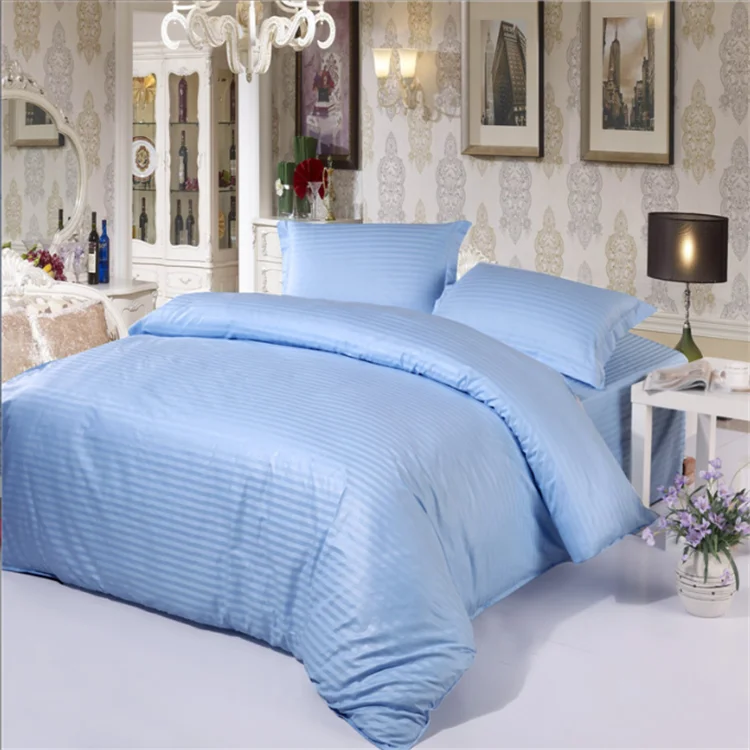 High quality Blue color 100% cotton material satin stripe  bedsheet for home and hotel