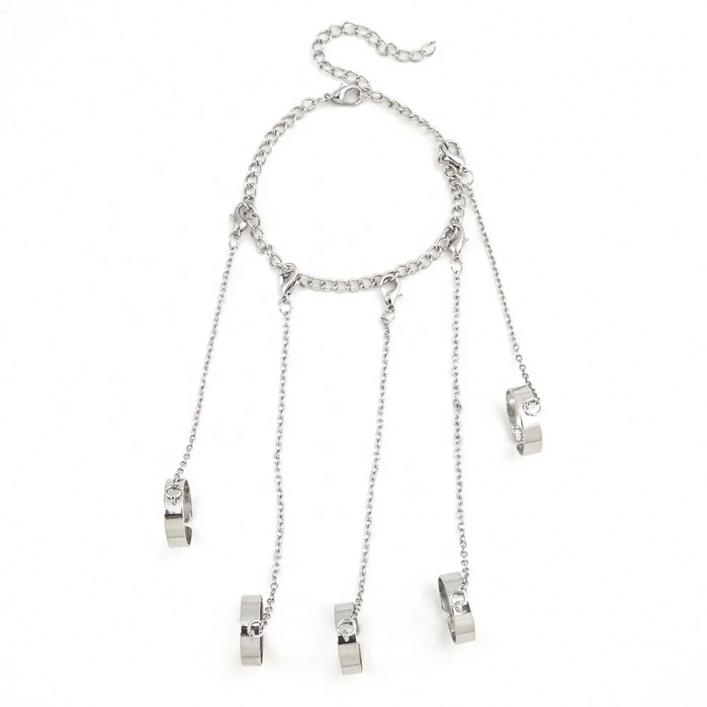 Punk Geometric Silver Color Chain Wrist Bracelet For Women Men Ring Charm Set Couple Emo Fashion Jewelry Gifts Pulsera Mujer