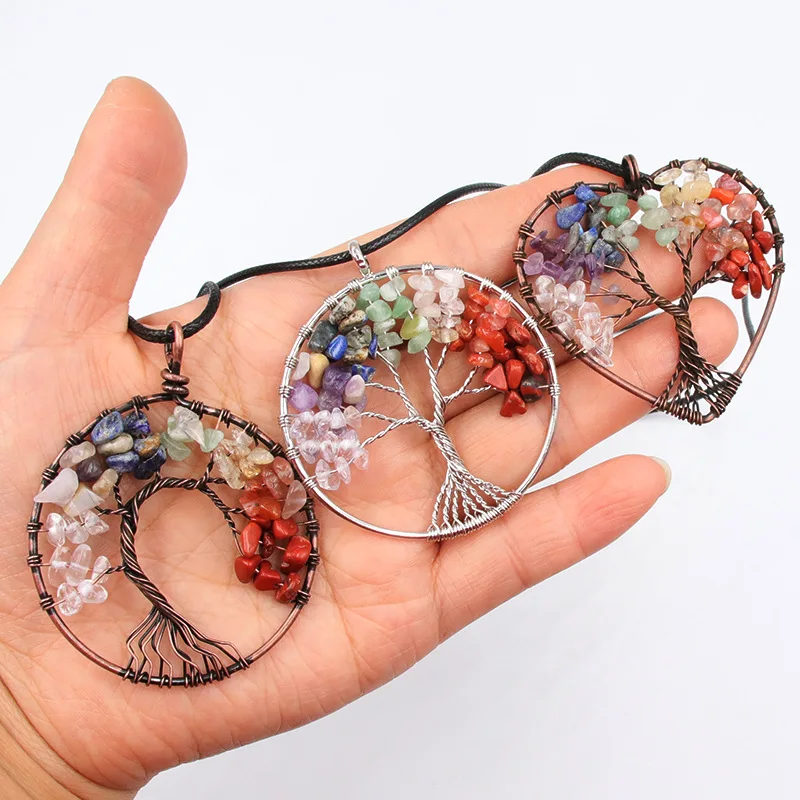 Antique Bronze Plated Wire Wrap Chip Tree Of Life 7 Chakras Crystal Stone Healing Crystals Pendant for necklace Amethyst
