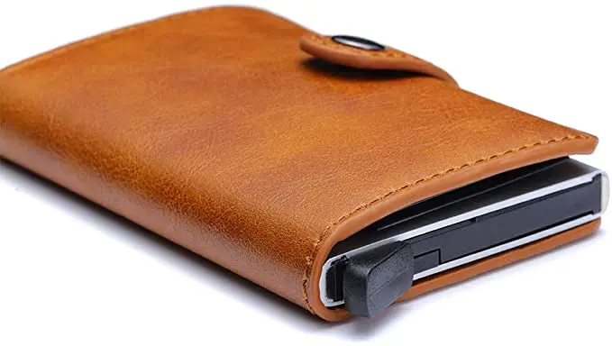 Custom RFID Blocking Slim  Aluminum Business Card Holder Designer Leather Crocodile Pattern Pop Up Card Case