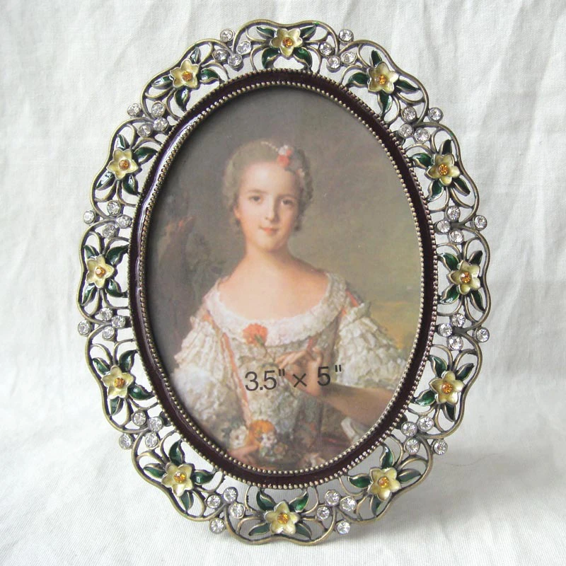 Oval Antique Brass Flowers Table Metal Alloy Picture Photo Frame 3.5x5 Inches With Hand Enameled And Rhinestones Jeweled