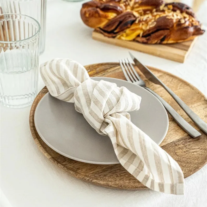 Chic style simple stripe place mat stone washing linen natural stripe napkins