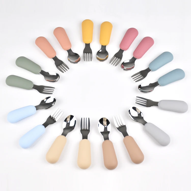 Customization Food Grade Eco-friendly Safety Stainless Steel Spoon Fork Set Silicone Baby Spoon Fork Set For Training