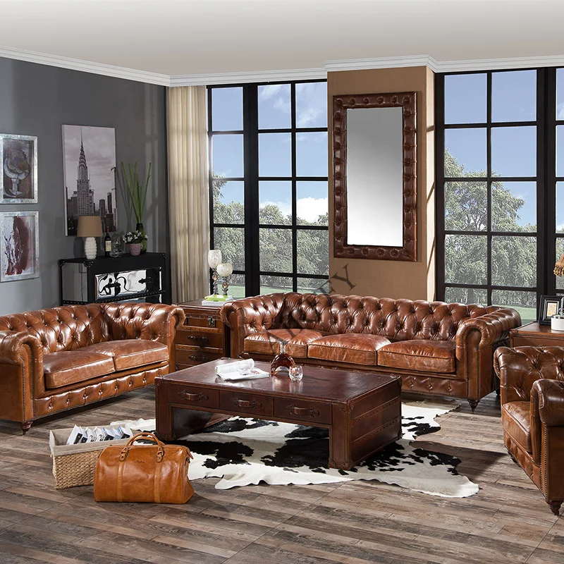 Vintage Genuine Leather Chesterfield Sofa Set for Living room Hotel Club Furniture