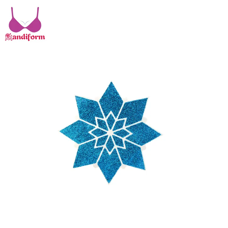 Snowflakes shape blue color satin glitter fabric disposable nipple cover stickers for decorative chest