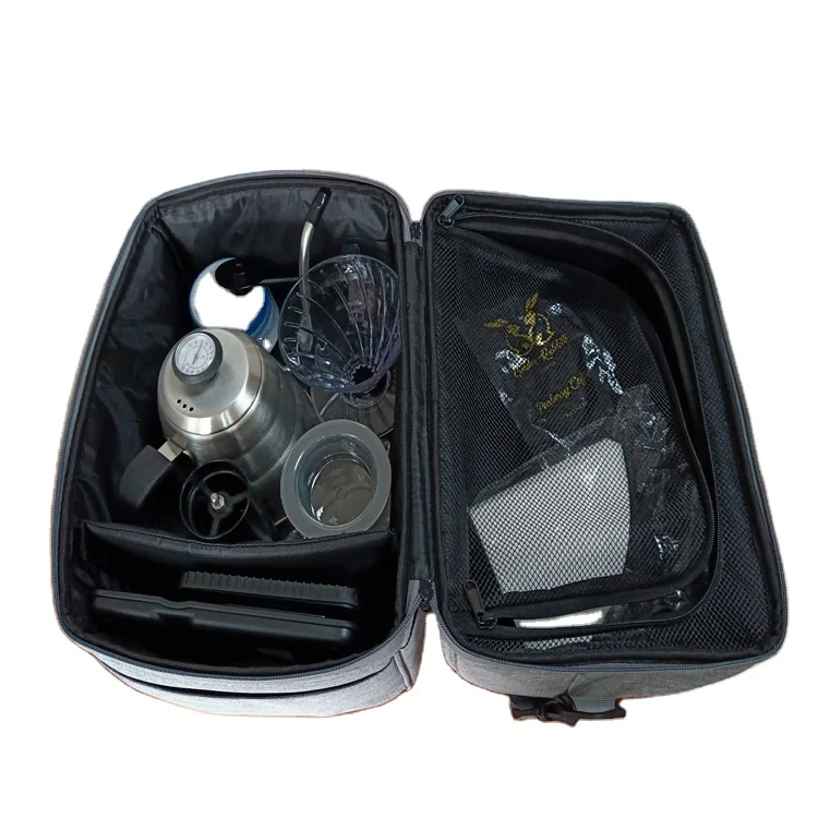 Luxury outdoor portable travel gift bag pour over coffee maker kit set with drip kettle dripper grinder filter glass server