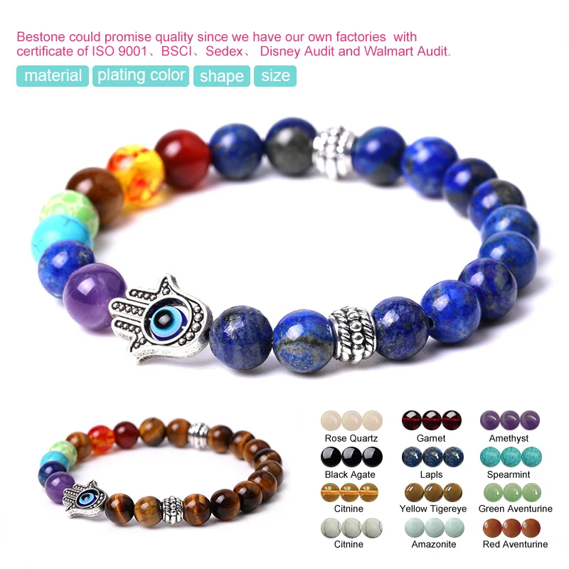 Bestone Healing Seven Chakras Beads Fatima palm Eye Stone 7 Chakra Healing Bracelet