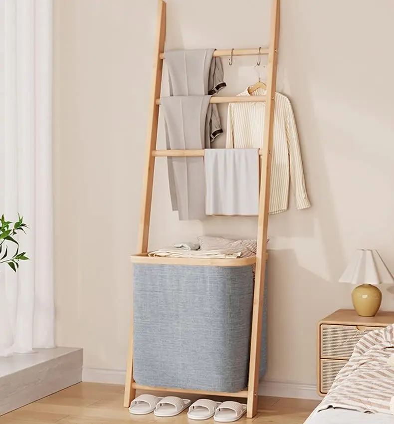 Hot sales Bamboo Blanket Ladder with Storage Hamper Basket Towel Rack for Bathroom Living Room
